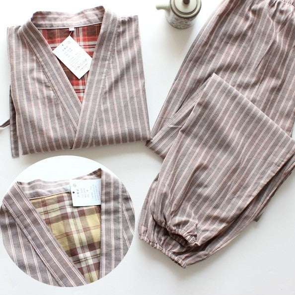 Japanese style pure cotton gauze kimono pajamas with vertical gray stripes, top and trousers set
