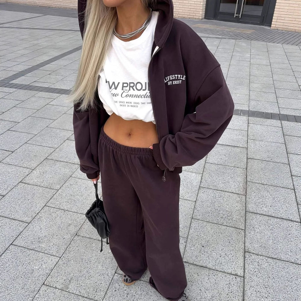 Casual Exercise All-match Wide Leg Pants Hooded Sweater Two-piece Set