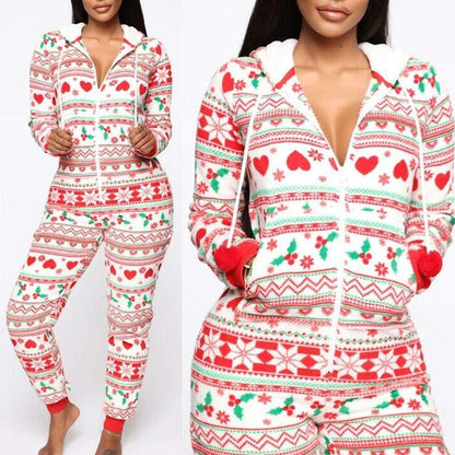 Women’s hooded nightwear Christmas pajamas set with festive red and green patterns and rabbit fur fabric.