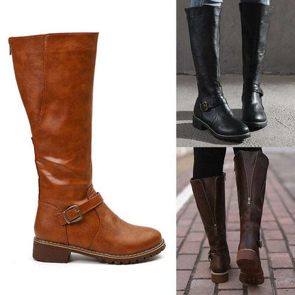 High boots Knight boots for women, Roman style Martin boots with round toe, low thick heel, PU upper, cotton lining, brown and black colors.