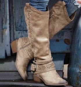 Women's suede medium Knight Martin boots in khaki with metal detailing and high tube design