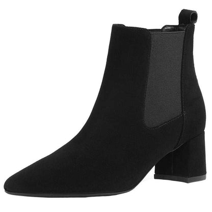 Black women's short boots with thick mid-heel, genuine leather, rubber sole, pointed toe, and elastic sides