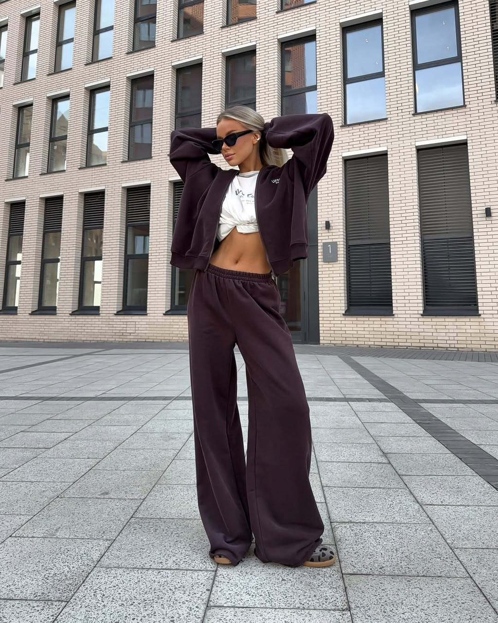 Casual Exercise All-match Wide Leg Pants Hooded Sweater Two-piece Set