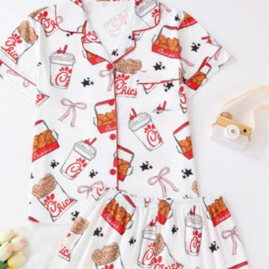 Comfort and casual fashion women's pajamas set with drink and food print, short sleeves and shorts, polyester fabric