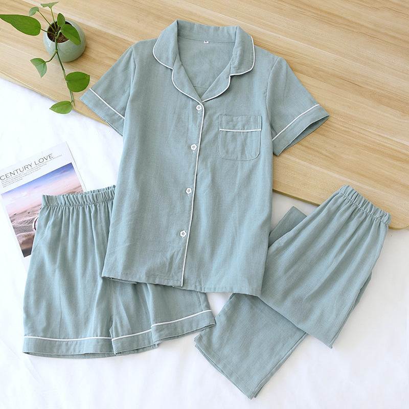Three-piece cotton gauze pajamas for women in light green with short sleeves, shorts, and trousers set