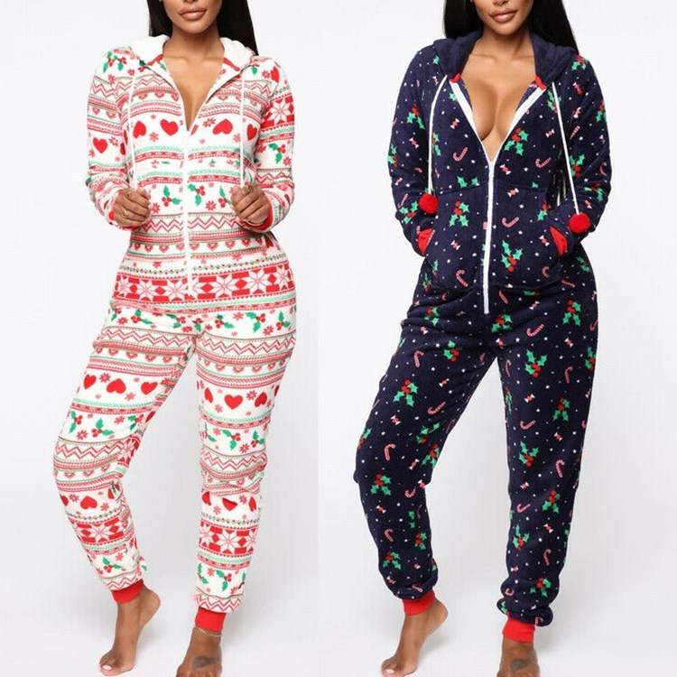 Women’s hooded nightwear Christmas pajamas set with festive patterns in white and navy blue colors