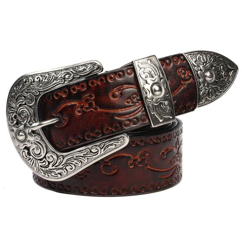 Embossed first layer cowhide men's Mongolian style leather belt with ornate silver buckle