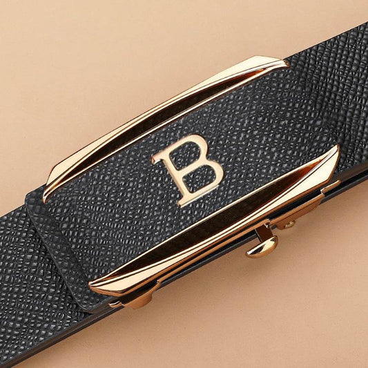 Toothless automatic buckle black leather belt with gold alloy buckle