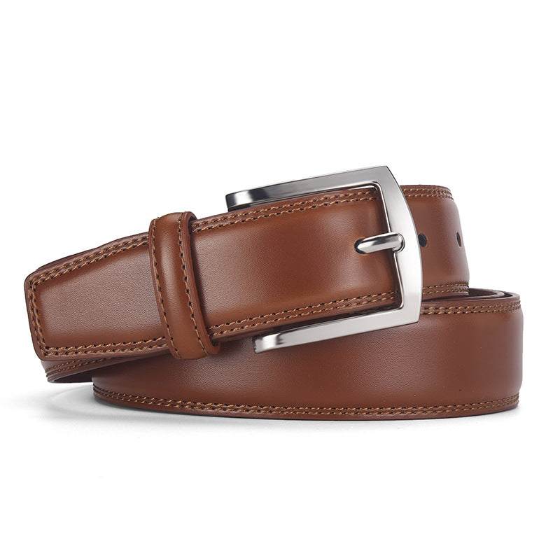 Men's genuine leather belt with alloy pin buckle in brown color, casual style leather belt