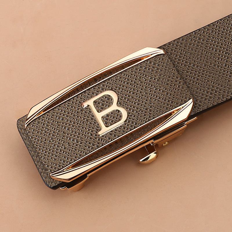 Toothless Automatic Buckle durable cowhide belt with gold alloy buckle and textured leather strap