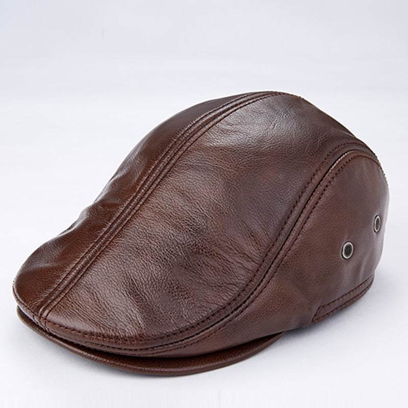Men genuine cowhide leather beret hat with ear flaps and fine brushed lining