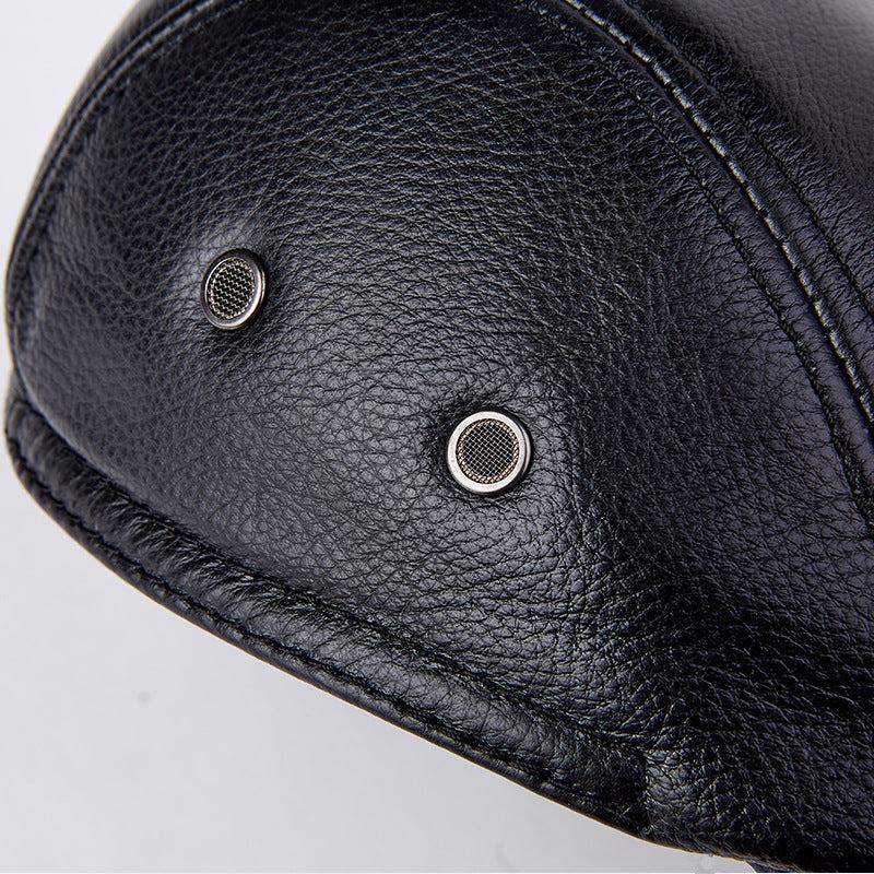 Men genuine cowhide leather beret hat with ear flaps and fine brushed lining