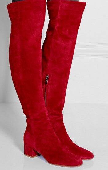 Red suede over the knee boots with low thick heel and pointed toe for women