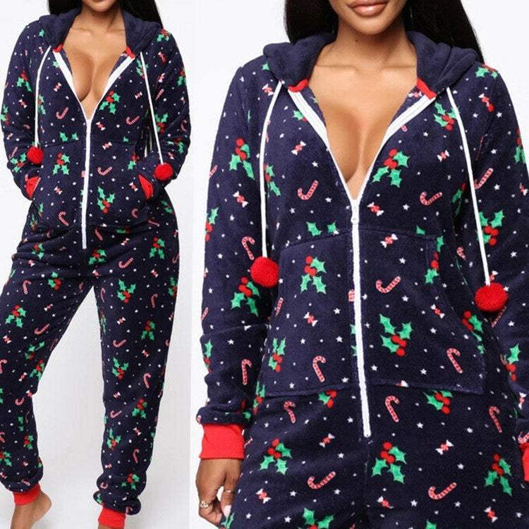 Women’s hooded nightwear Christmas pajamas set with festive holly and candy cane print, rabbit fur fabric, navy blue color.