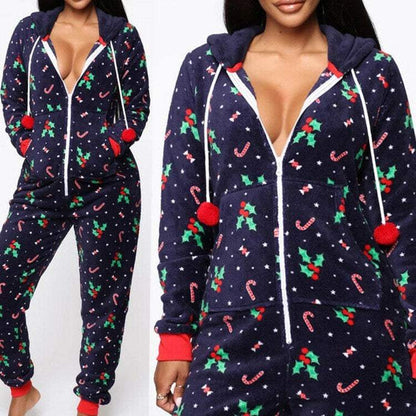 Women’s hooded nightwear Christmas pajamas set with festive holly and candy cane print, rabbit fur fabric, navy blue color.