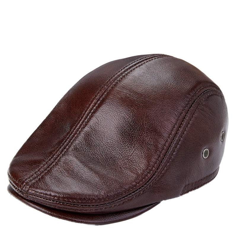 Men genuine cowhide leather beret hat with ear flaps and fine brushed lining