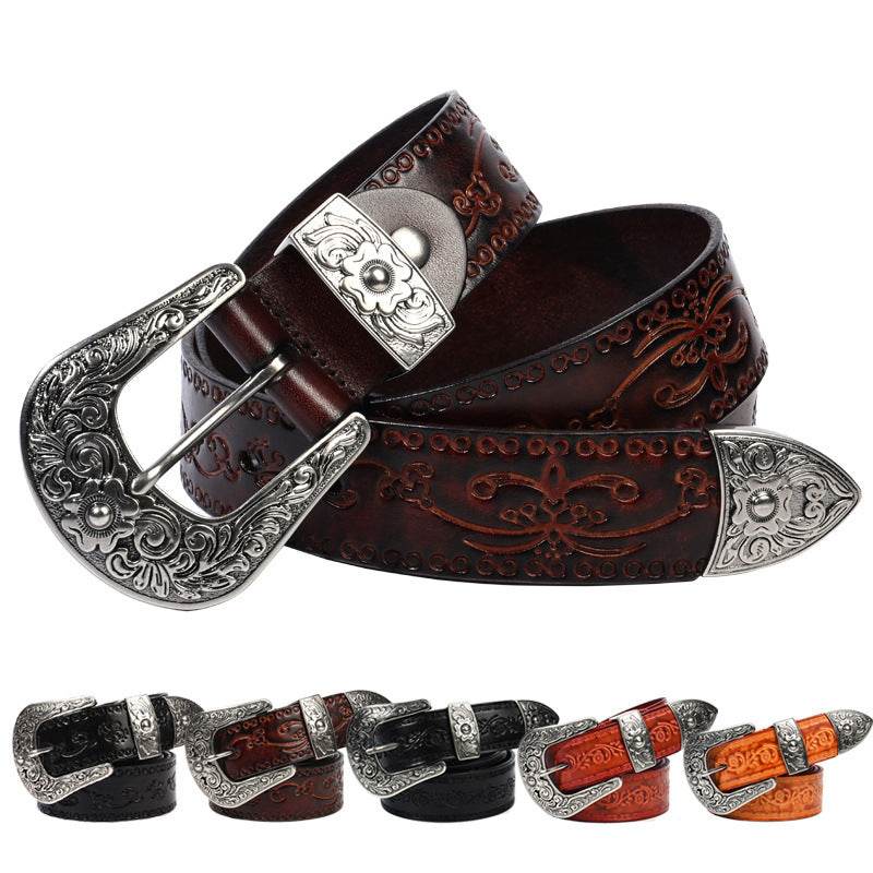 Embossed first layer cowhide men's carved leather belt with ornate metal buckle in various colors