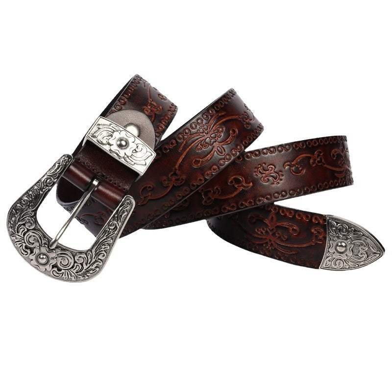 Embossed first layer cowhide men's Mongolian style leather belt with floral carving and alloy buckle