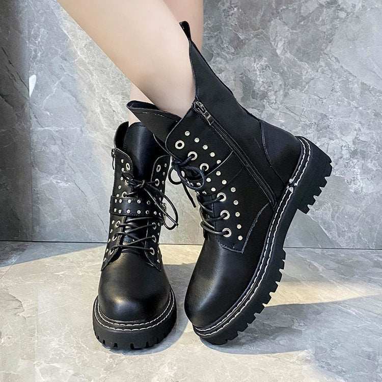 Black vintage women's Martin boots with round toe, artificial PU patent leather upper, rubber sole, side zipper, and lace-up design.