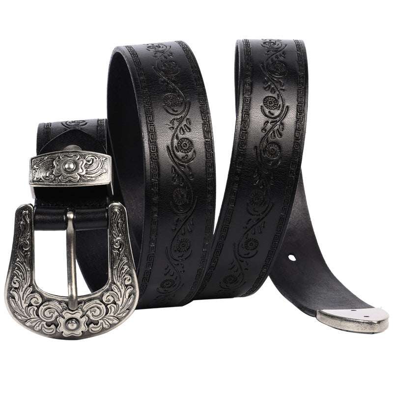 Embossed first layer cowhide men's black leather belt with floral design and decorative alloy buckle