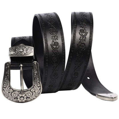 Embossed first layer cowhide men's black leather belt with floral design and decorative alloy buckle