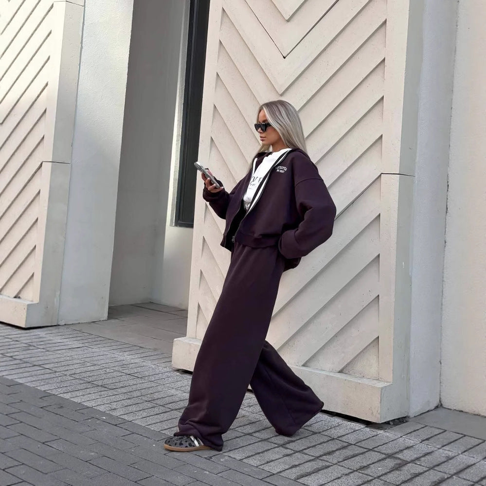 Casual Exercise All-match Wide Leg Pants Hooded Sweater Two-piece Set