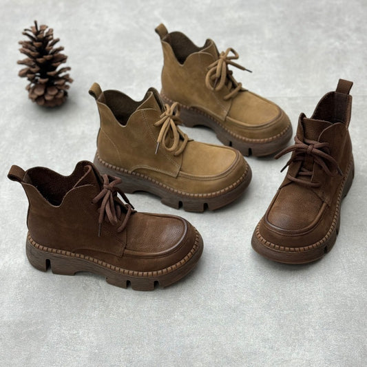 Platform Round Toe Lace-up Casual Cowhide Women's Boots