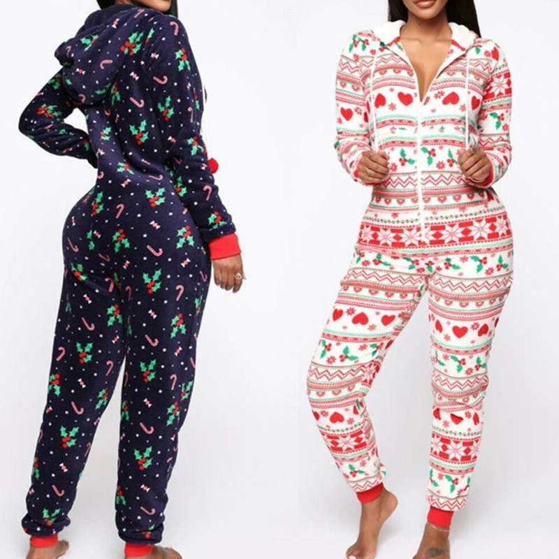 Women’s hooded nightwear Christmas pajamas set with festive patterns in navy and white colors