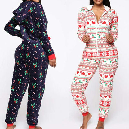 Women’s hooded nightwear Christmas pajamas set with festive patterns in navy and white colors