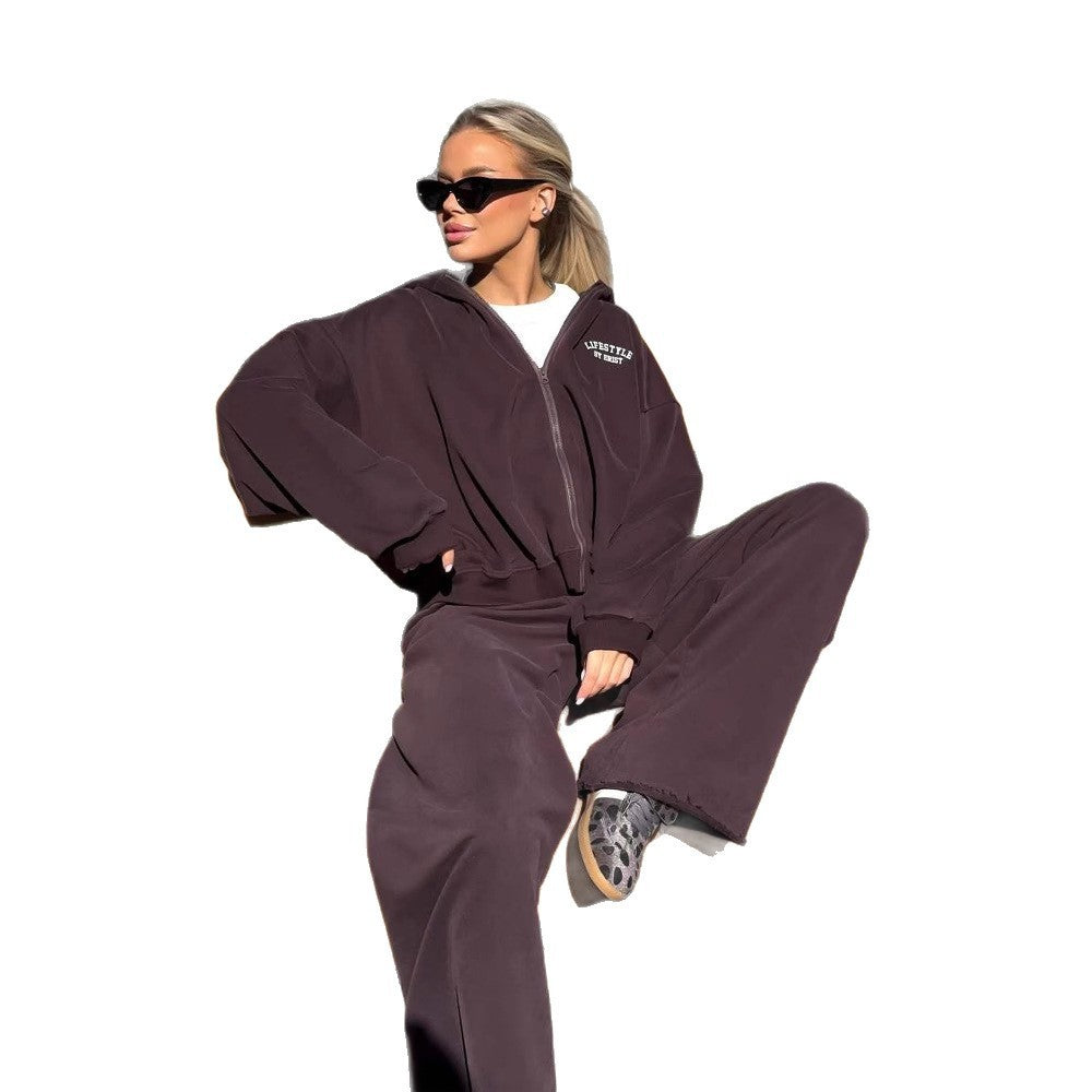 Casual Exercise All-match Wide Leg Pants Hooded Sweater Two-piece Set