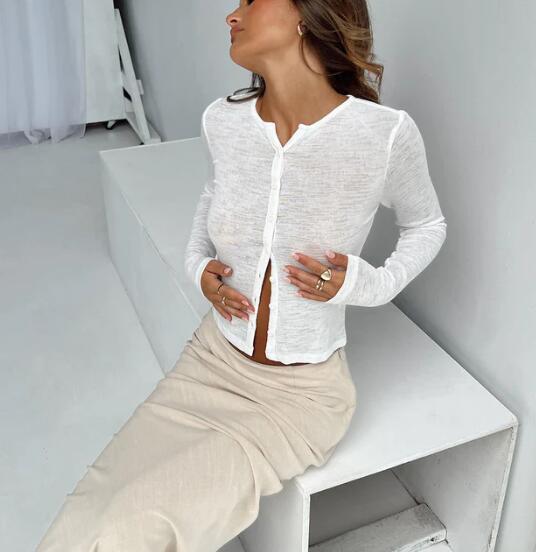 Slim Fit Midriff-baring Round Neck Long Sleeve Cardigan T-shirt