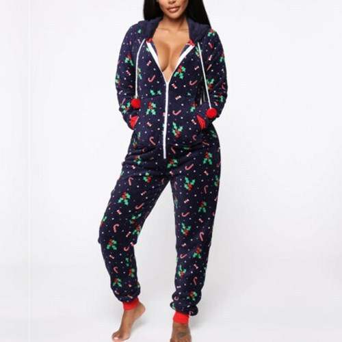 Women’s hooded nightwear Christmas pajama set with festive print and red accents