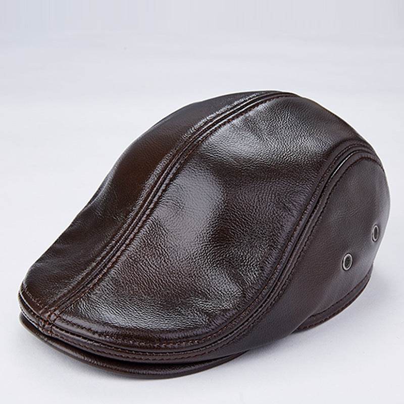 Men genuine cowhide leather beret hat with ear flaps and fine brushed lining