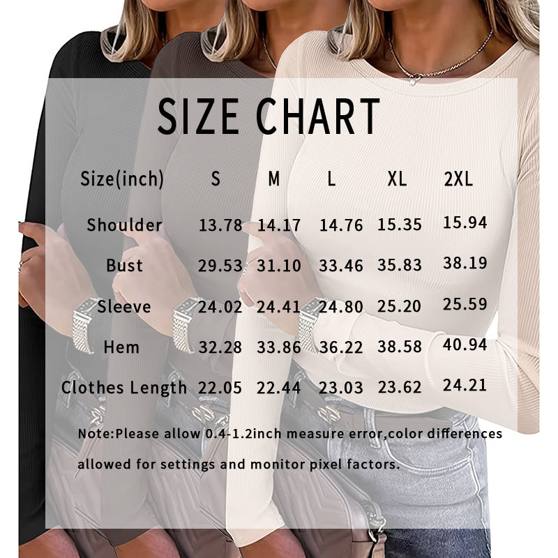 3 Pack Women's Long Sleeve Shirts, Crew Neck Ribbed Tops Slim Fit Casual Knit Tees Stretch Basic T Shirts