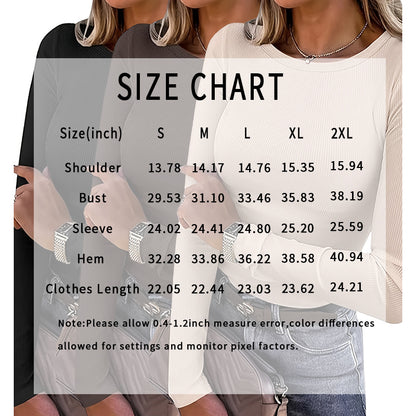 3 Pack Women's Long Sleeve Shirts, Crew Neck Ribbed Tops Slim Fit Casual Knit Tees Stretch Basic T Shirts