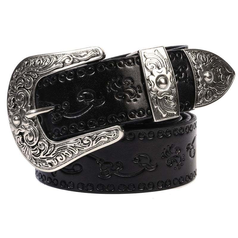 Embossed first layer cowhide men's black leather belt with ornate silver buckle and floral pattern