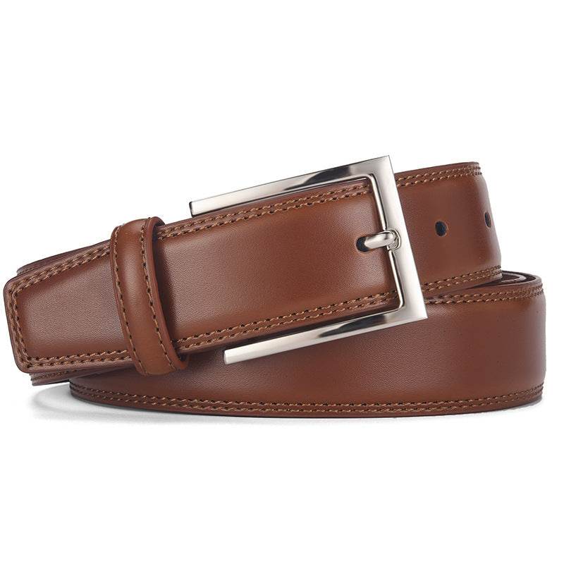 Men's brown genuine leather belt with alloy pin buckle, casual style, stitched edges, 2-4cm wide
