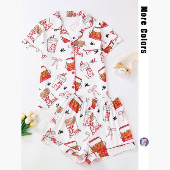 Comfort and casual fashion women's pajamas suit with printed short-sleeve top and shorts in white polyester fabric