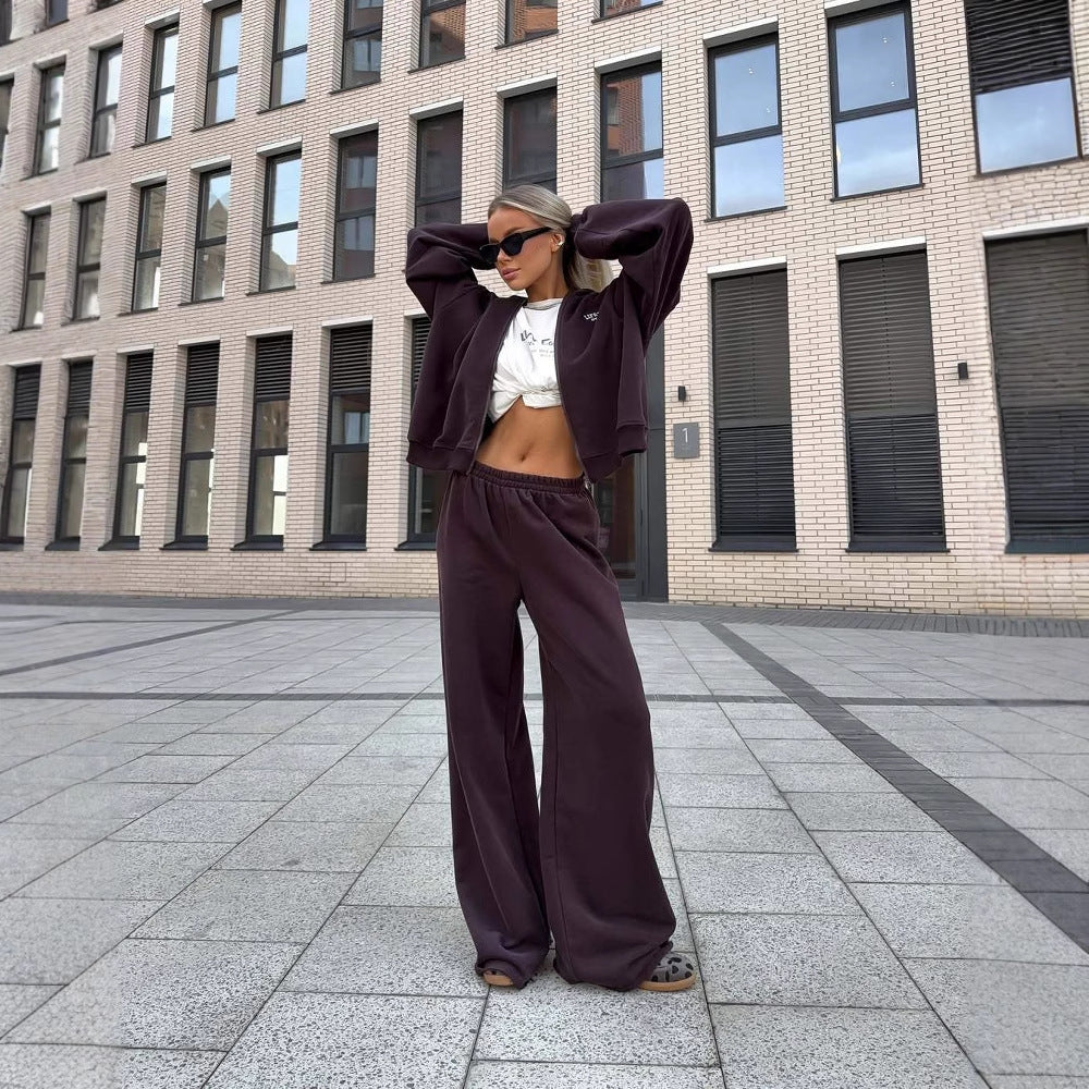 Casual Exercise All-match Wide Leg Pants Hooded Sweater Two-piece Set