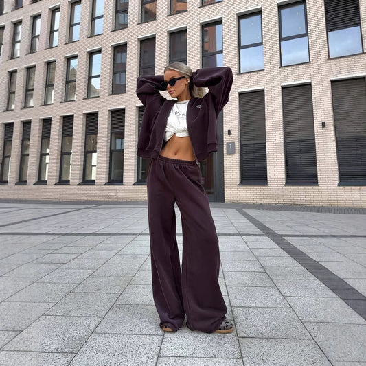 Casual Exercise All-match Wide Leg Pants Hooded Sweater Two-piece Set