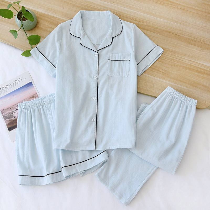 Three-piece cotton gauze pajamas for women in light blue with short sleeves, shorts, and long pants set.