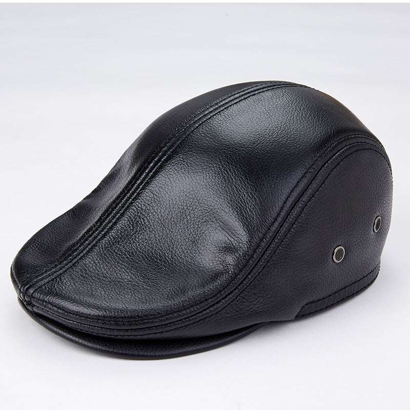Men genuine cowhide leather beret hat with ear flaps and fine brushed lining
