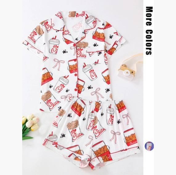 Comfort and casual women's pajamas suit with printed short sleeves and shorts in white polyester fabric