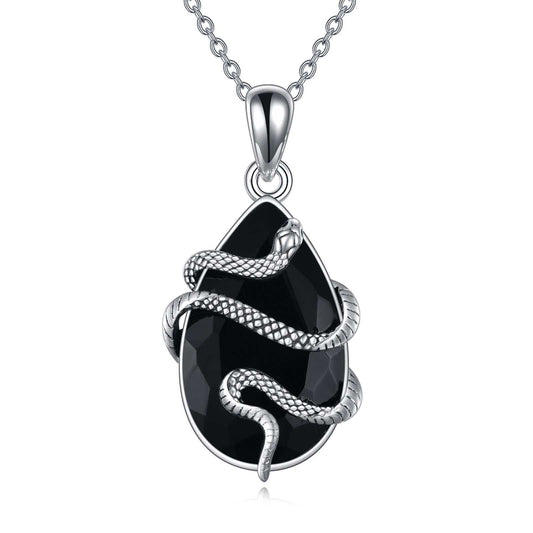 Sterling silver necklace with black obsidian teardrop pendant wrapped by detailed snake design
