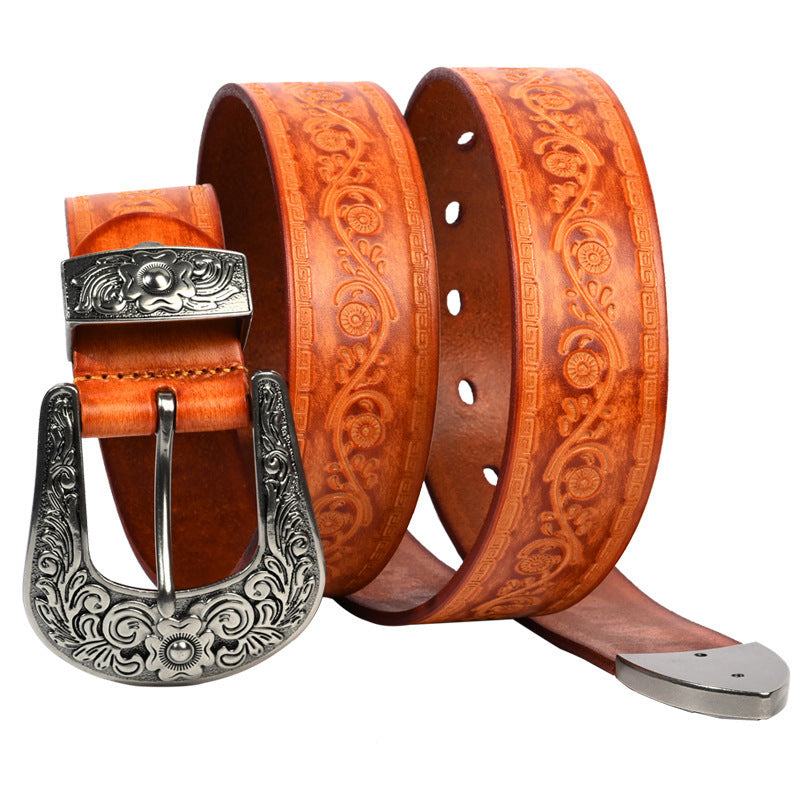 Embossed first layer cowhide men's Mongolian style leather belt with floral pattern and alloy buckle