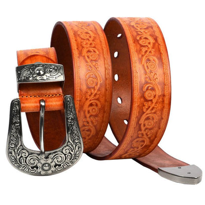 Embossed first layer cowhide men's Mongolian style leather belt with floral pattern and alloy buckle