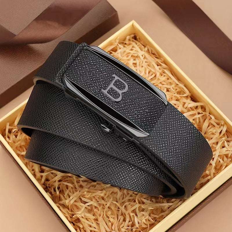toothless automatic buckle black leather belt with alloy buckle in gift box