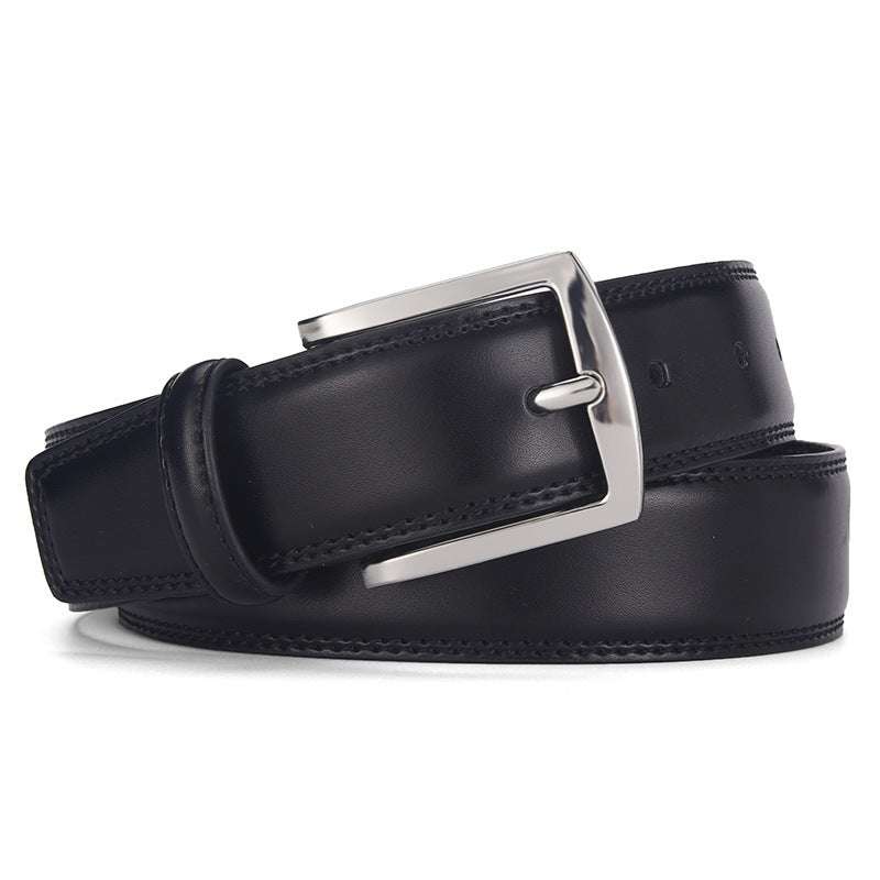 Men's black genuine leather belt with silver pin buckle, casual style