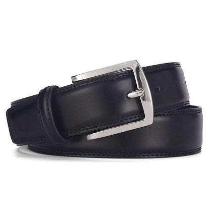 Men's black genuine leather belt with silver pin buckle, casual style