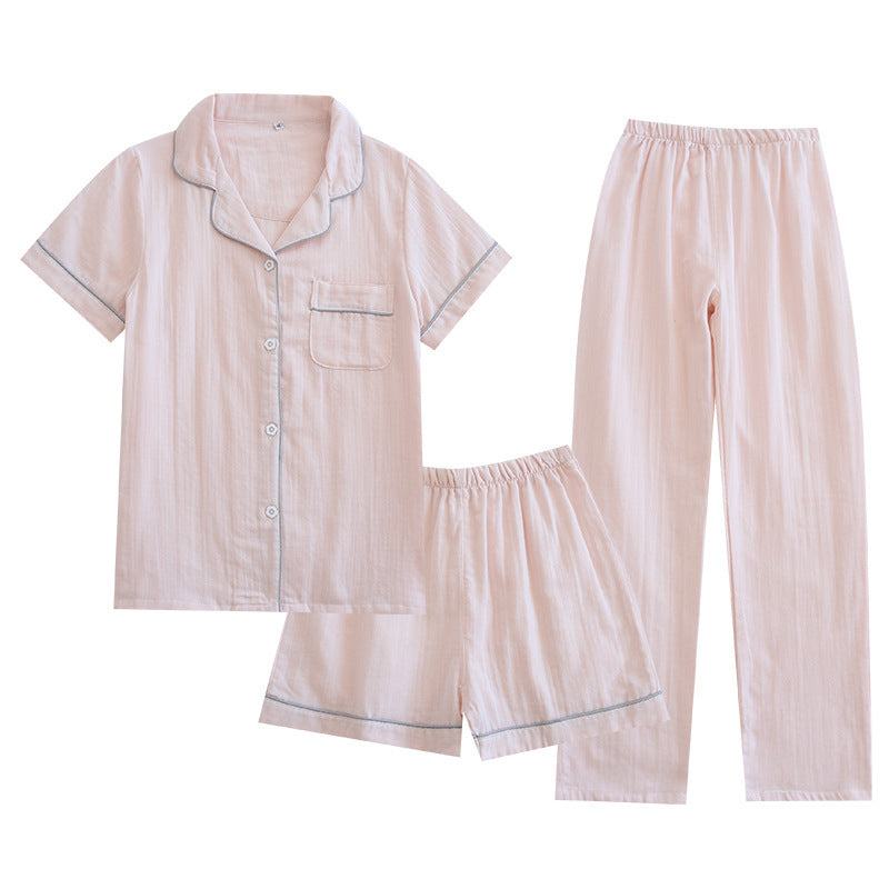 Three-piece cotton gauze pajamas for women in light pink with short sleeve top, shorts, and long pants